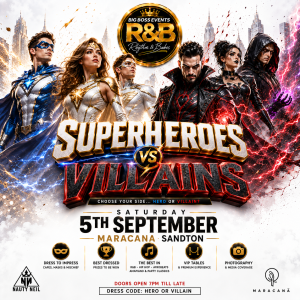 Big Boss Events R&B Superheroes vs Villains party flyer