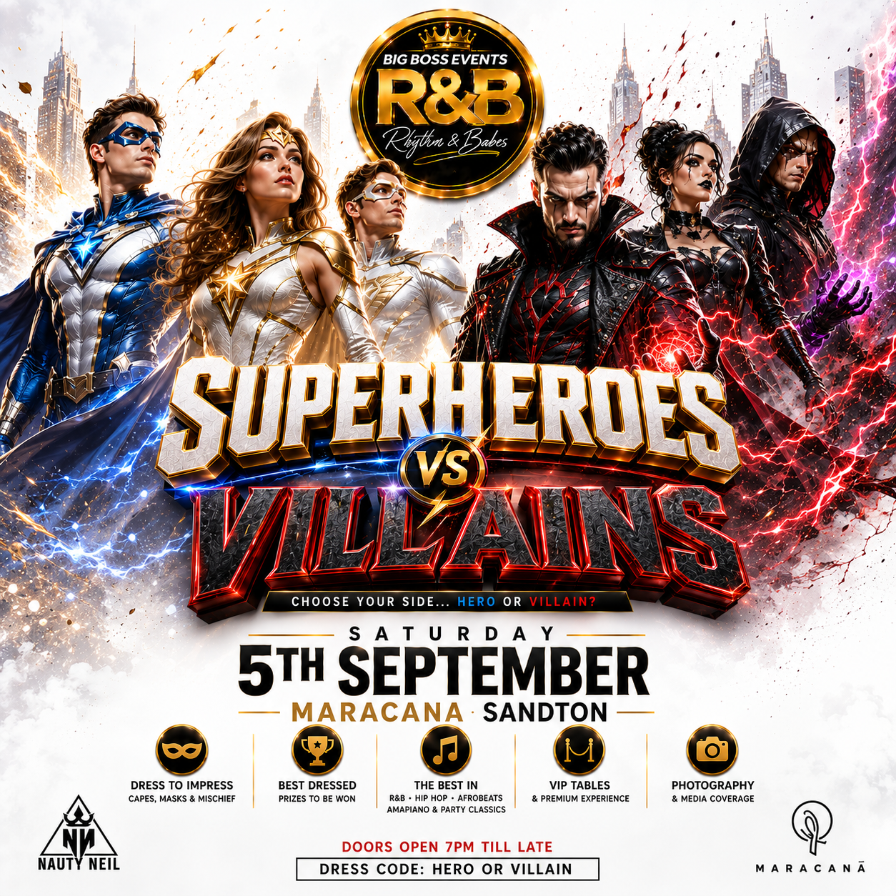 Big Boss Events R&B Superheroes vs Villains party flyer
